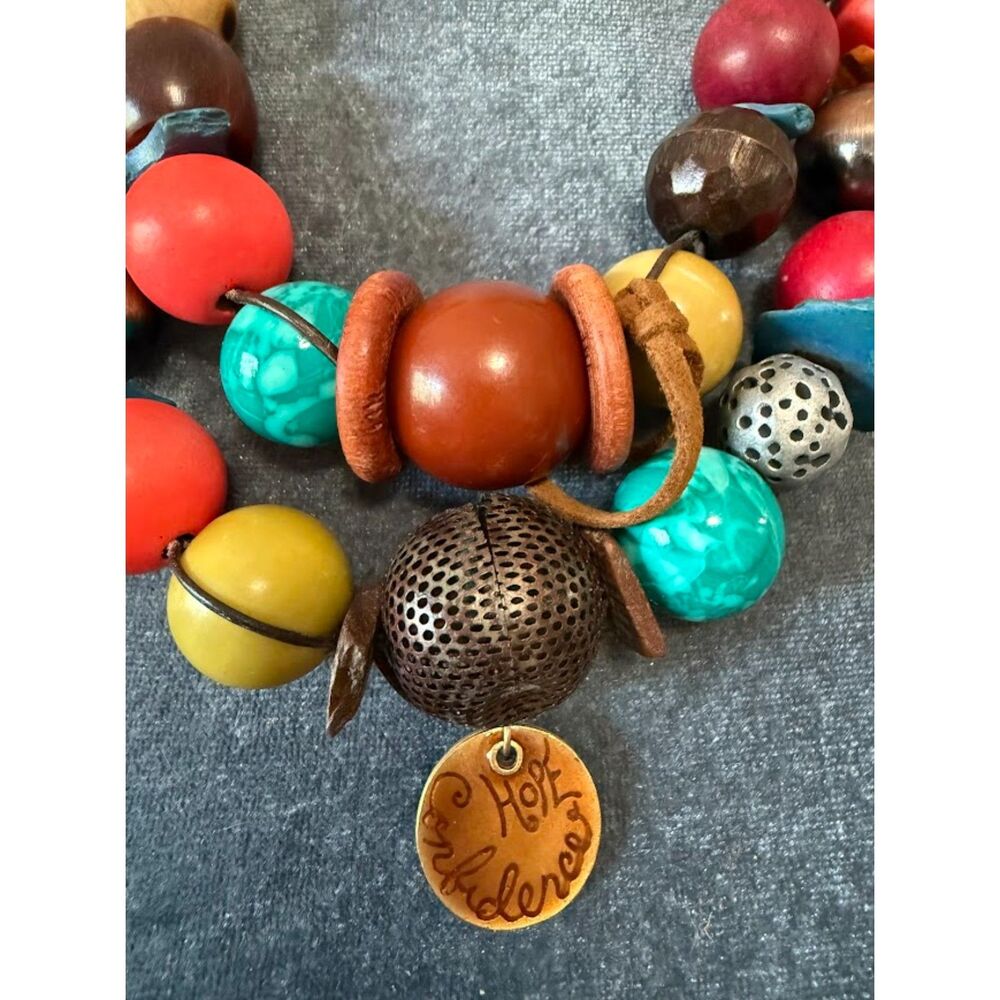 vintage Chico'sWood, Glass. Resin Two Stand Statement Leather Necklace - Picture 3 of 6